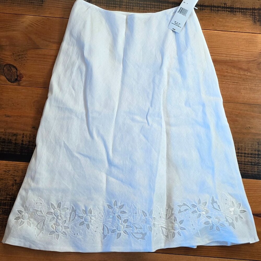 Lafayette 148 Women's White Linen Mid-Length Skirt Size 2 Floral Embroidery New